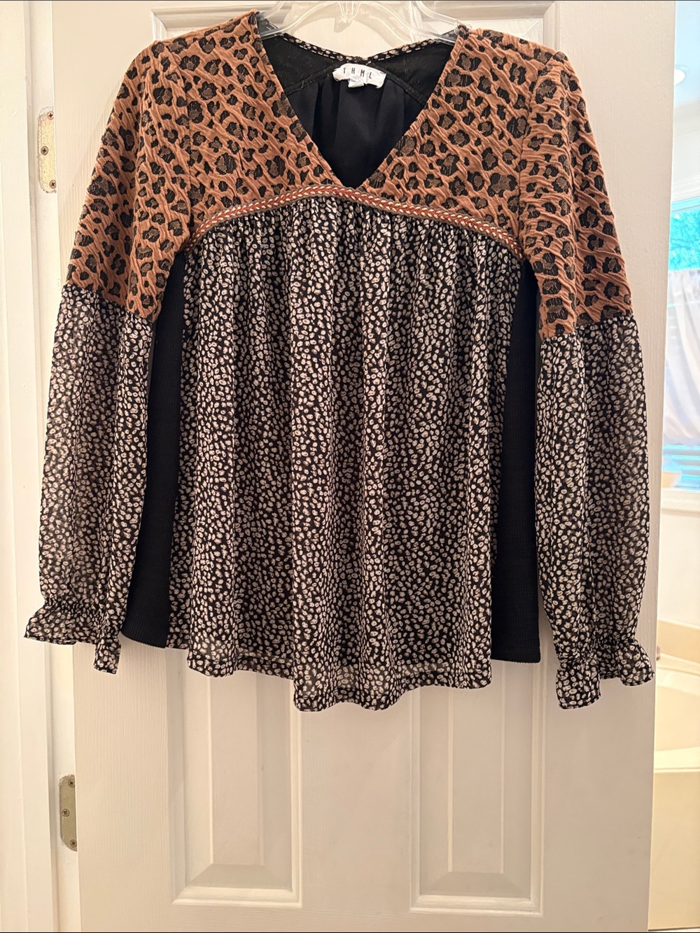 THML Brown and Black Mixed-Print V-Neck Tunic